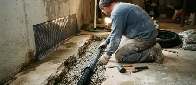 Man kneels in a basement laying a perforated drain pipe in gravel along a concrete wall