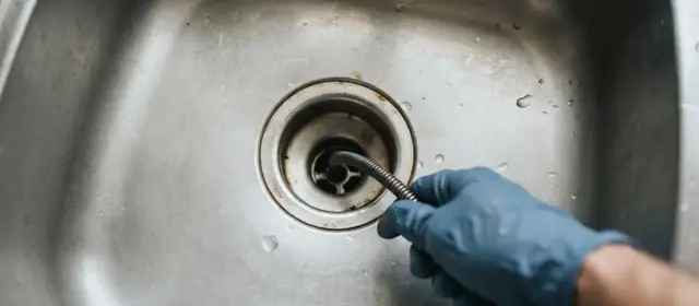 Gloved hand pushes a drain snake cable down a stainless steel kitchen sink drain