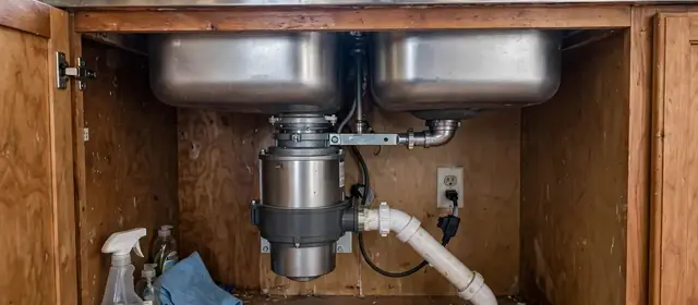 Garbage disposal mounted under a double bowl stainless steel sink in a wooden cabinet