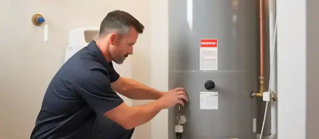 Man crouches beside a gray tank water heater and adjusts a control near its base