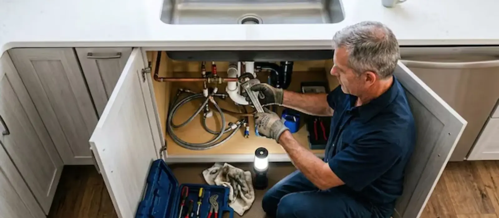 Plumber kneels at an open under sink cabinet with a wrench on kitchen sink pipes and supply lines