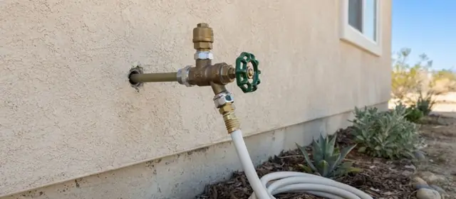 Brass outdoor hose spigot with green handle and a coiled white hose on a stucco wall