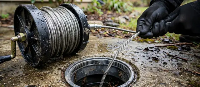 Cable drum with steel cable being fed into a round outdoor floor drain by gloved hands