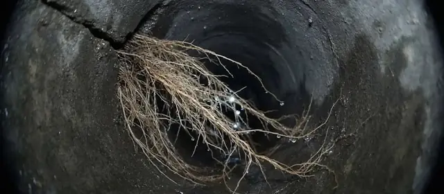Pipe camera view of thin tree roots growing through a crack in a dark sewer pipe