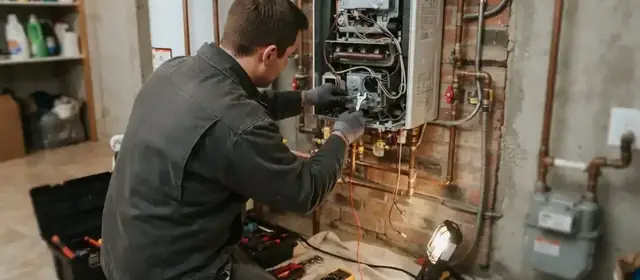 Technician works inside the open front of a wall mounted boiler with copper pipes and tools