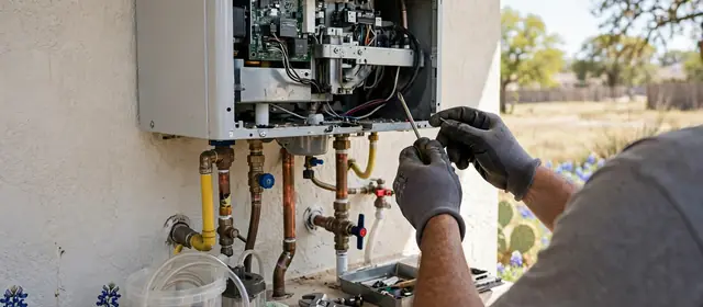 Gloved technician works on the open front panel of a wall mounted tankless water heater outdoors