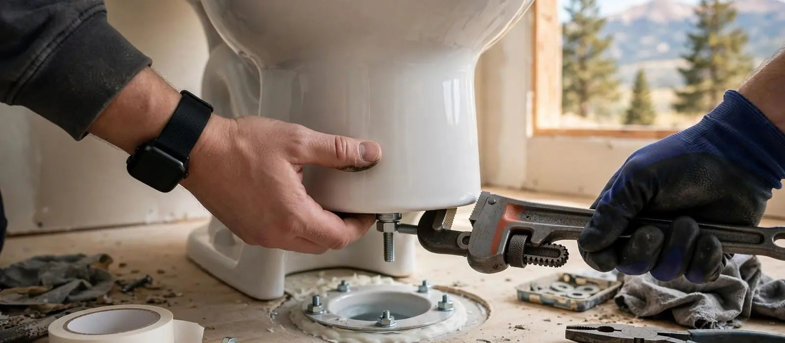 Hands set a toilet onto its floor flange with bolts while holding a pipe wrench