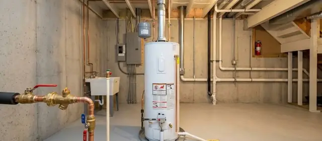 White tank water heater with copper and brass pipes in an unfinished basement beside a laundry sink