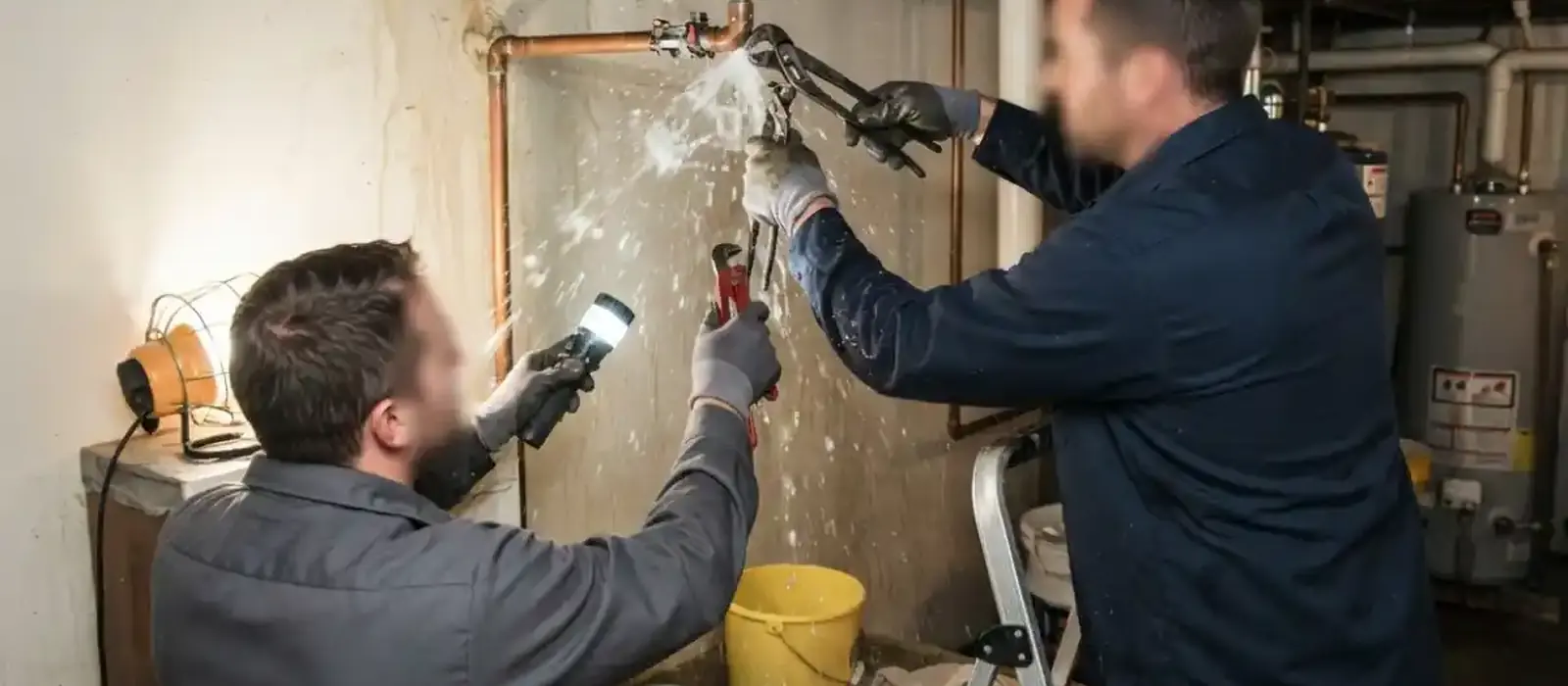 Two plumbers use wrenches and a flashlight to stop water spraying from a burst copper pipe