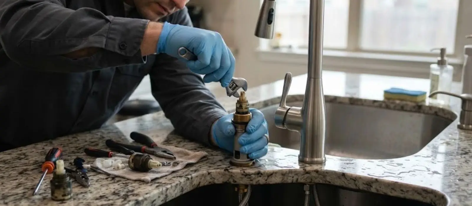 Plumber in blue gloves removes a faucet cartridge with a wrench at a kitchen sink