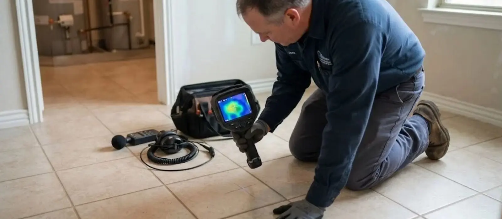 Technician kneels on a tile floor holding a thermal imaging camera to find a hidden leak