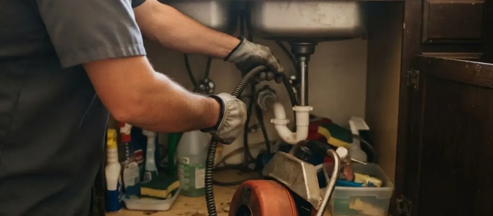 Plumber in work gloves feeds a drain cable into pipes under a sink cabinet