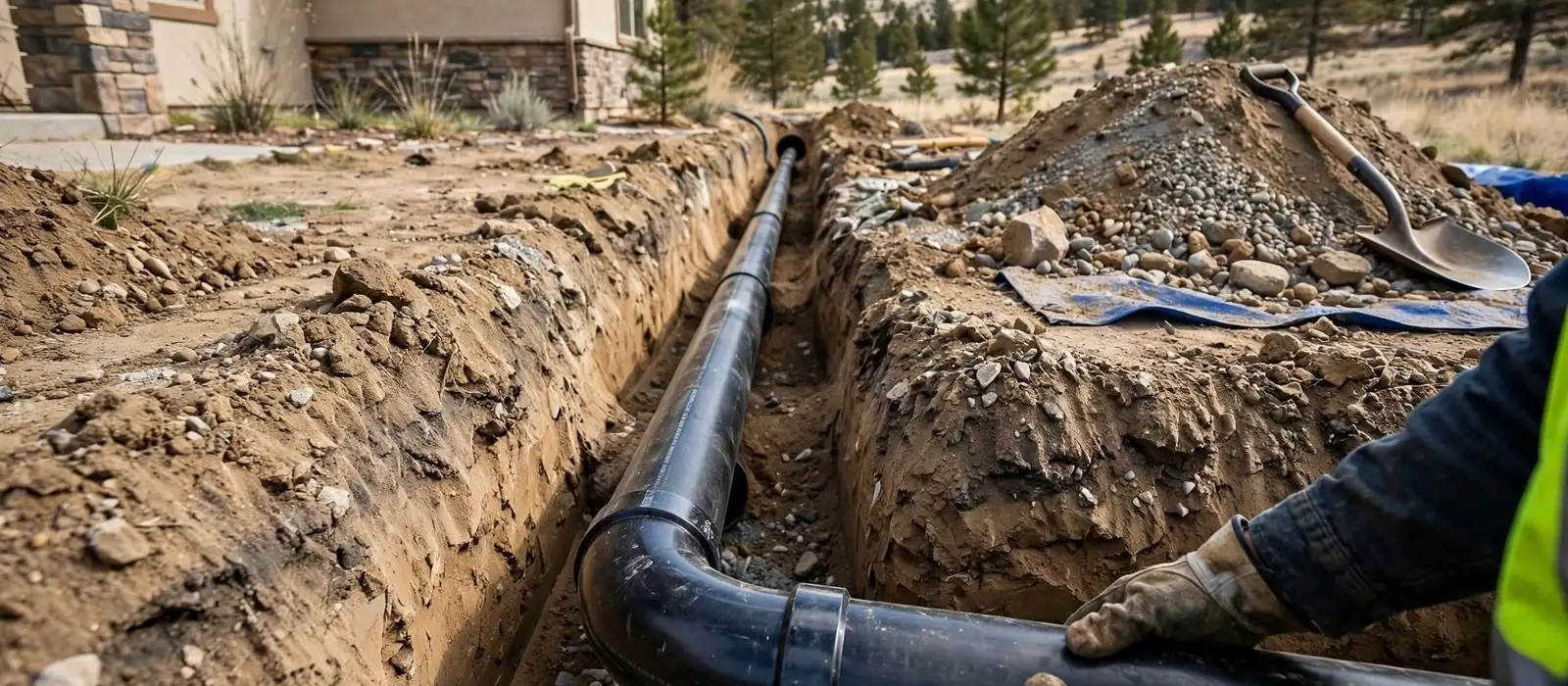 Open yard trench with a black sewer pipe installed and a worker in a vest reaching in