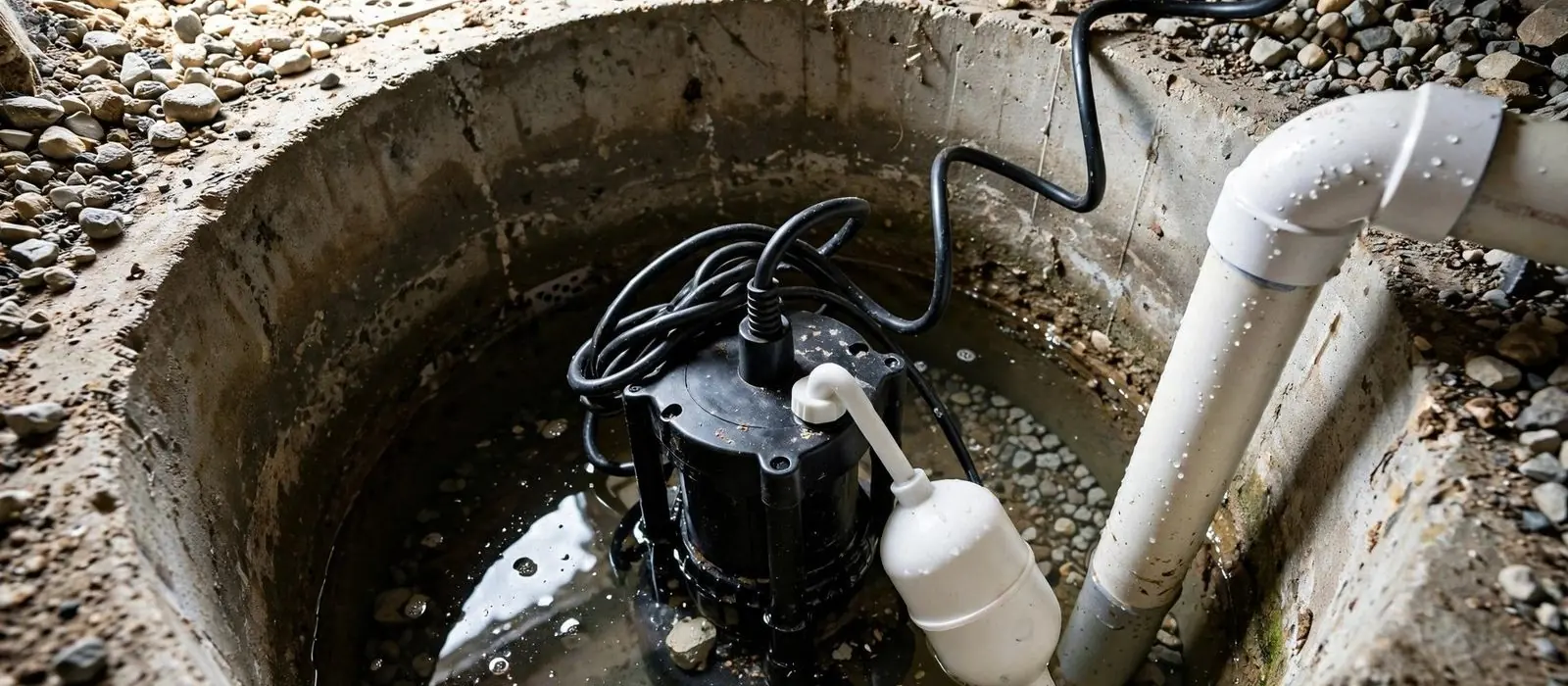 Submersible sump pump with float switch sitting in a concrete basement pit beside a white discharge pipe