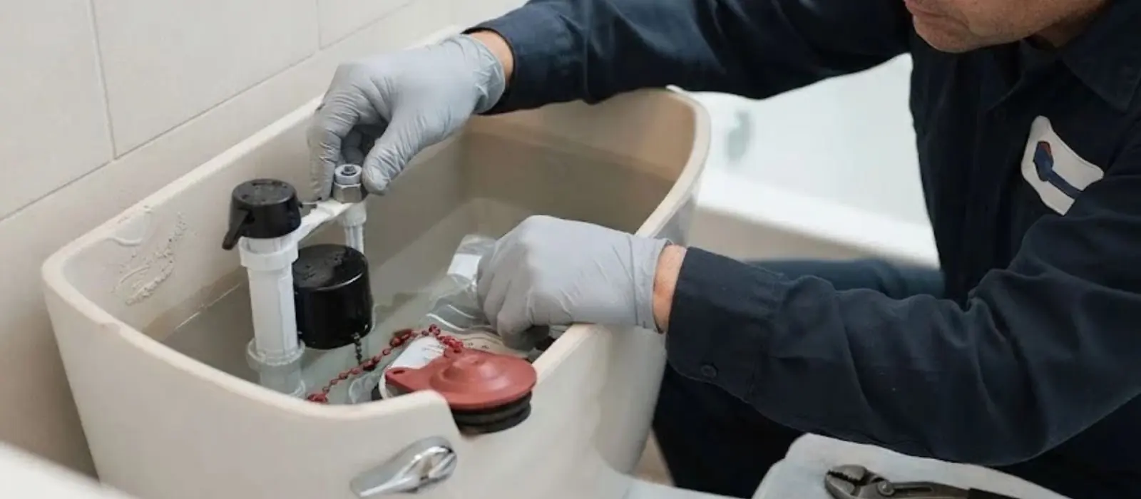 Plumber in gloves adjusts the fill valve and flapper inside an open toilet tank