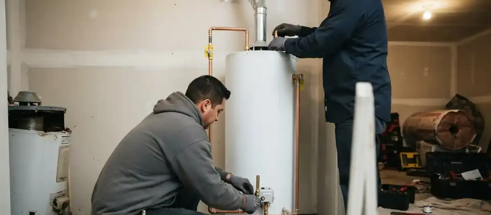 Two plumbers swap an old tank water heater for a new white tank with copper piping