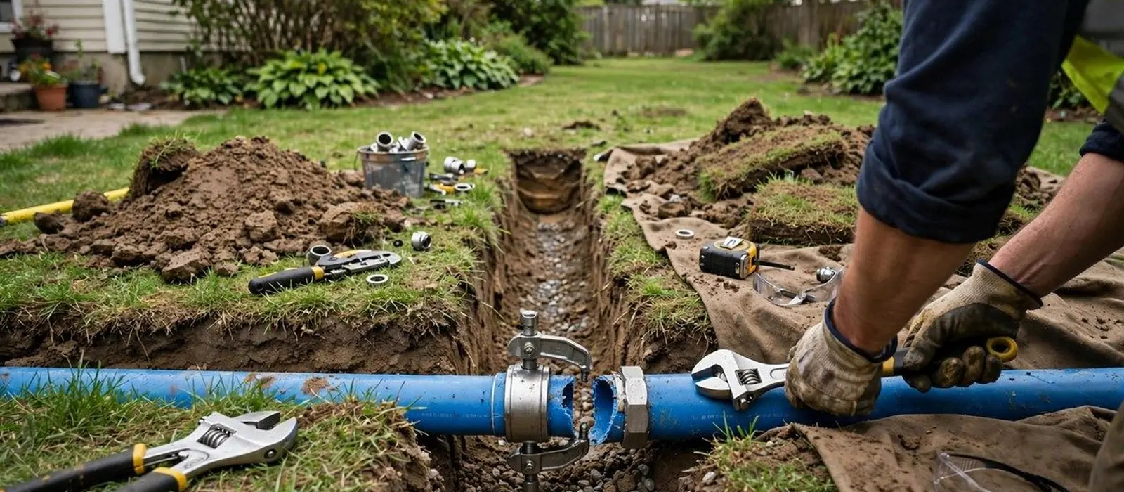 Gloved hands tighten a wrench on a blue water line fitting in a trench dug across a lawn